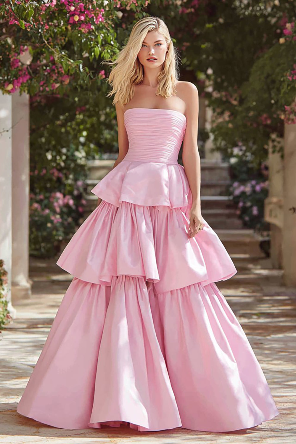 Strapless Pink A-Line Prom Dress With Ruffles