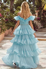 Off The Shoulder Sky Blue A-Line Ruffled Prom Dress