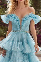 Off The Shoulder Sky Blue A-Line Ruffled Prom Dress