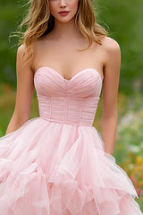 Light Pink Sweetheart A-Line Corset High-Low Prom Dress With Ruffles