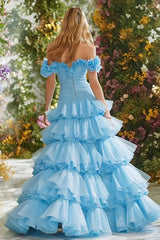 Off The Shoulder Sky Blue A-Line Tiered Prom Dress
