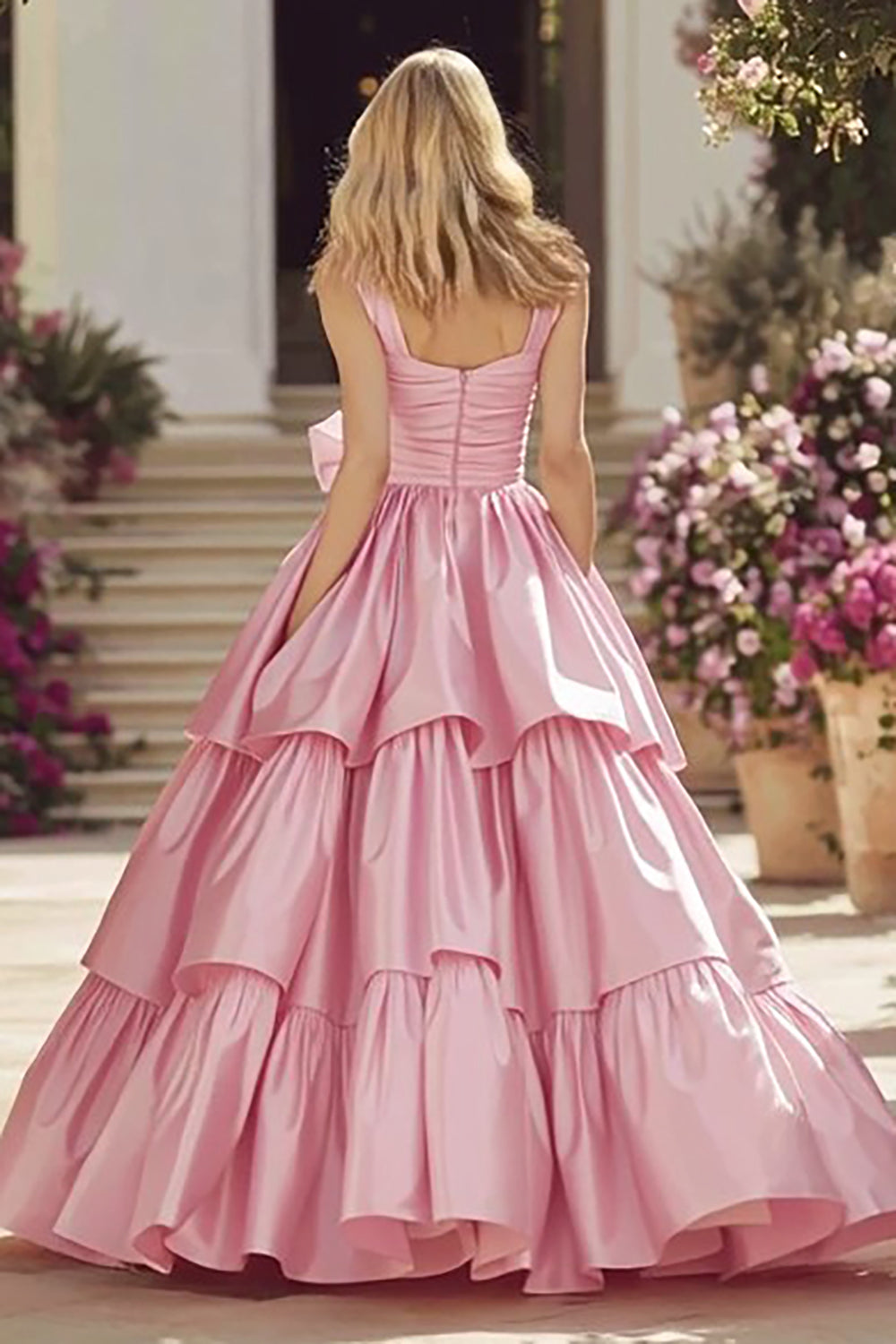 Tiered A-Line Pink Rucehd Prom Dress With Bow