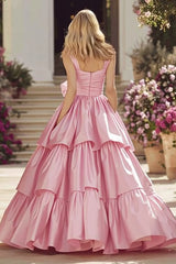 Tiered A-Line Pink Rucehd Prom Dress With Bow