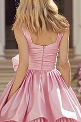 Tiered A-Line Pink Rucehd Prom Dress With Bow