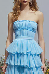 Strapless Tiered Sky Blue A-Line Prom Dress With Slit