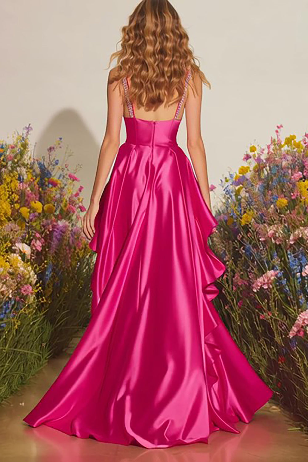 Fuchsia Satin A-Line Spaghetti Straps Ruffle Prom Dress With Slit