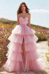 Pink Sweetheart Tiered Princess Prom Dress With Slit