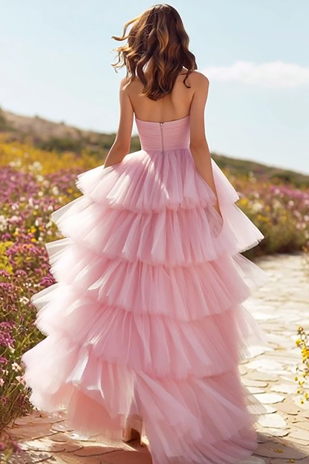 Pink Sweetheart Tiered Princess Prom Dress With Slit