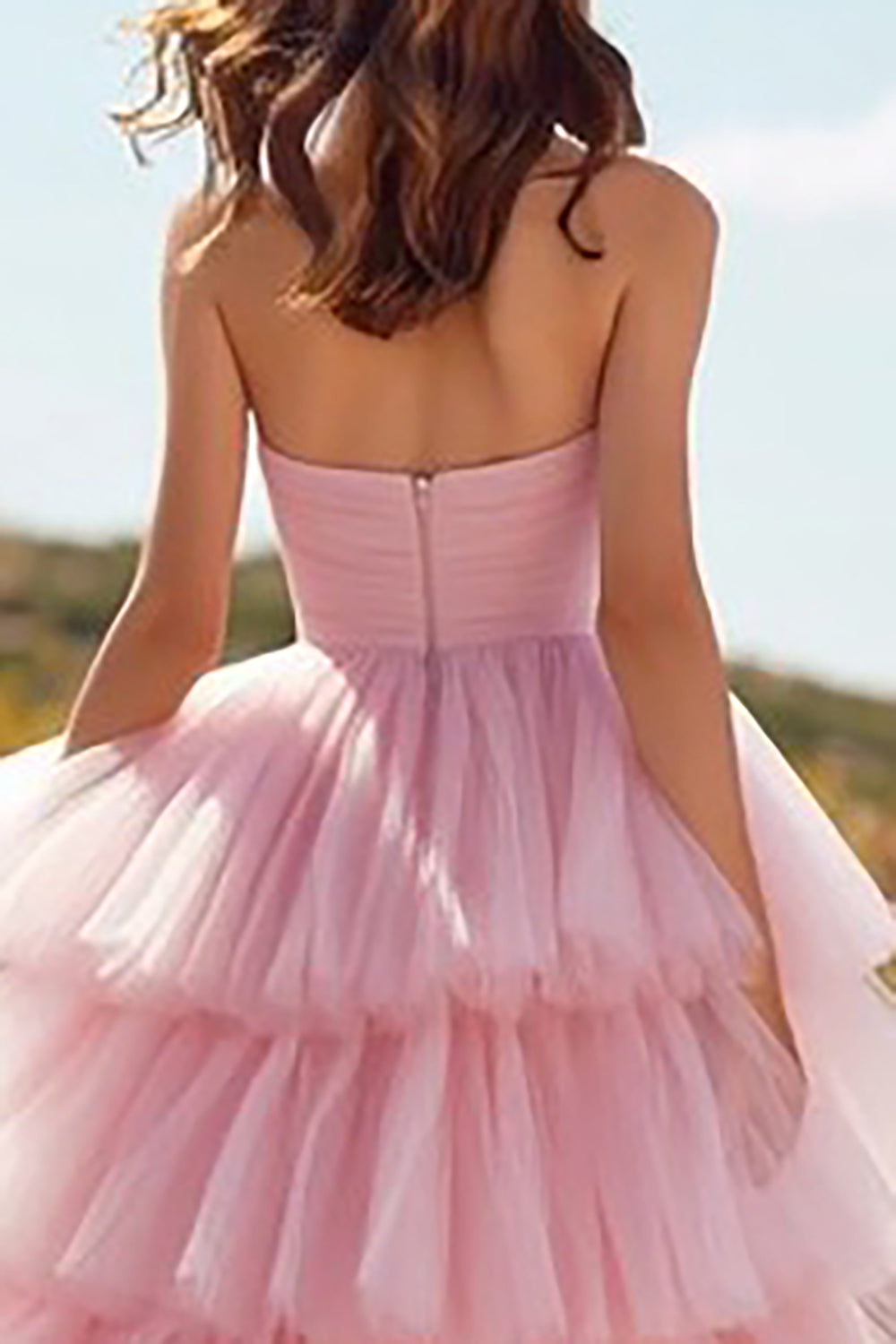 Pink Sweetheart Tiered Princess Prom Dress With Slit
