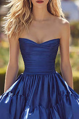 Dark Blue Strapless Ruffled A-Line Maxi Prom Dress
