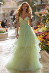Light Green A-Line Corset Spaghetti Straps Tiered Prom Dress