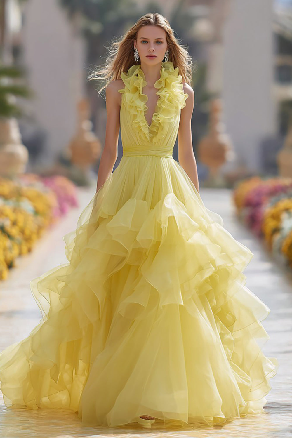 Light Yellow Halter A-Line Ruffle Maxi Prom Dress