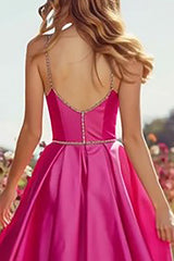 Fuchsia Satin A-Line Spaghetti Straps Prom Dress With Slit