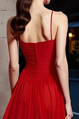 Red Spaghetti Straps A-Line Maxi Gala Dress With Ruffles