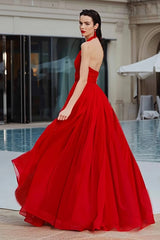 Halter A-Line Ruched Red Maxi Gala Dress