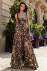 Brown Leopard A-Line Square Neck Prom Dress With Slit