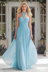 Sky Blue Halter A-Line Ruched Maxi Prom Dress