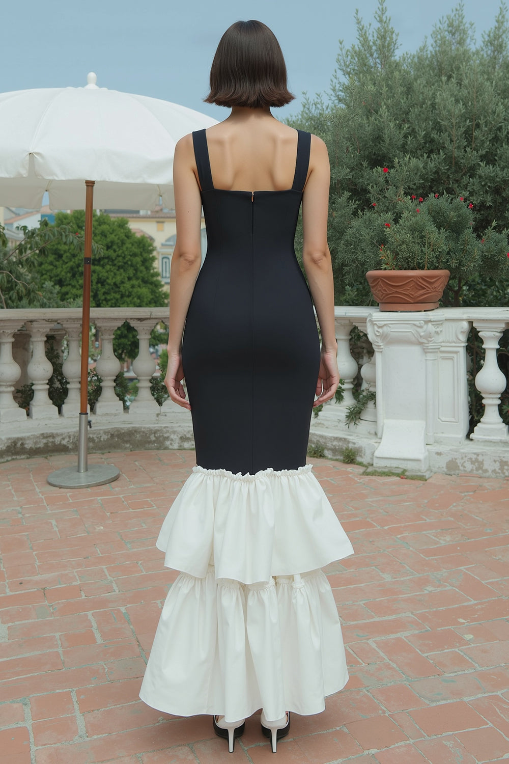 Black and White Mermaid Square Neck Long Formal Dress with Ruffles