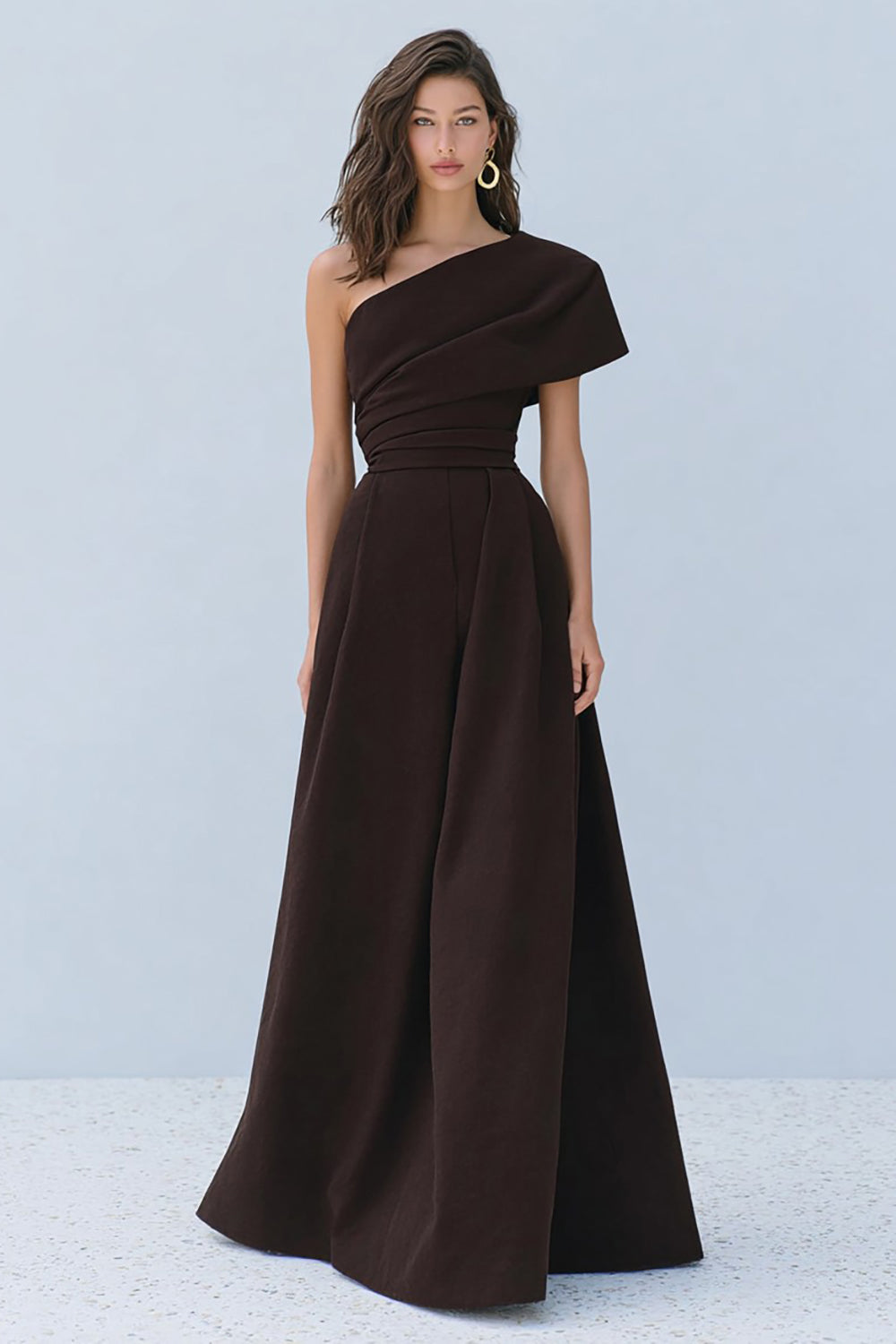 One Shoulder Coffee A-Line Satin Long Formal Dress