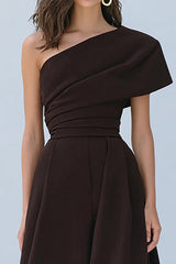 One Shoulder Coffee A-Line Satin Long Formal Dress