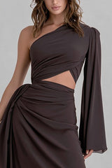One Shoulder Cut Out Coffee Maxi Dress