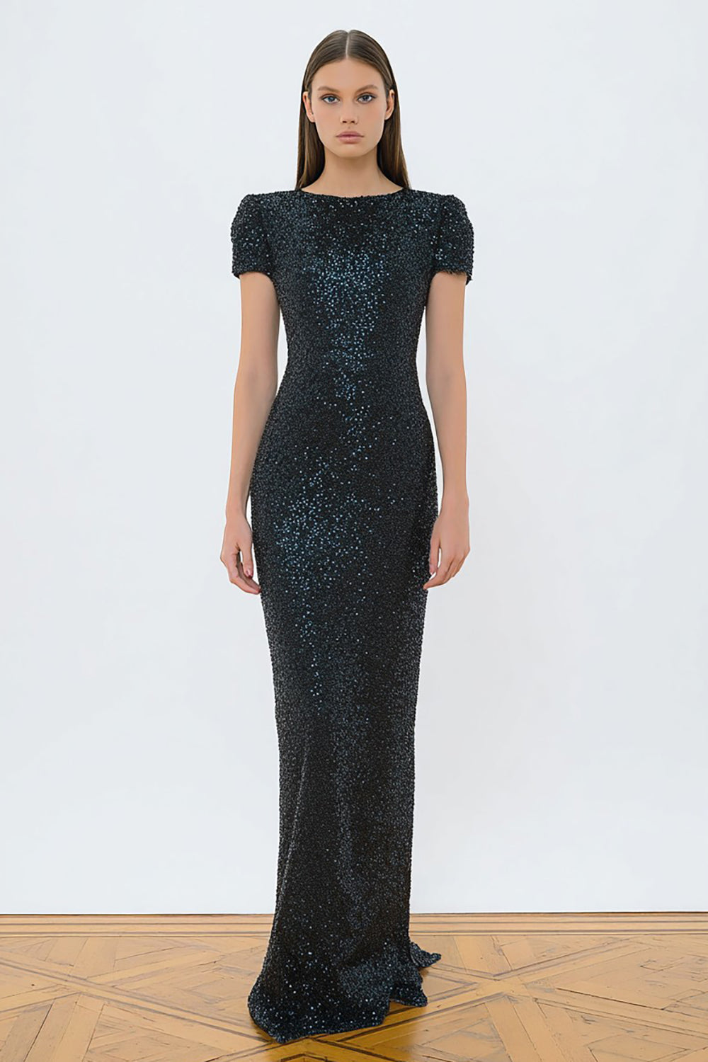 Sparkly Sheath Black Tie Dress with Short Sleeves