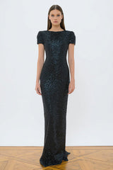 Sparkly Sheath Black Tie Dress with Short Sleeves