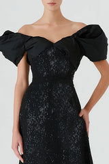 Black A-Line Off The Shoulder Long Formal Dress With Sequins