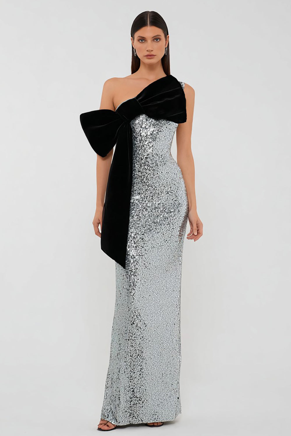 Sparkly Silver One Shoulder Sheath Formal Dress With Bow