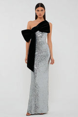 Sparkly Silver One Shoulder Sheath Formal Dress With Bow