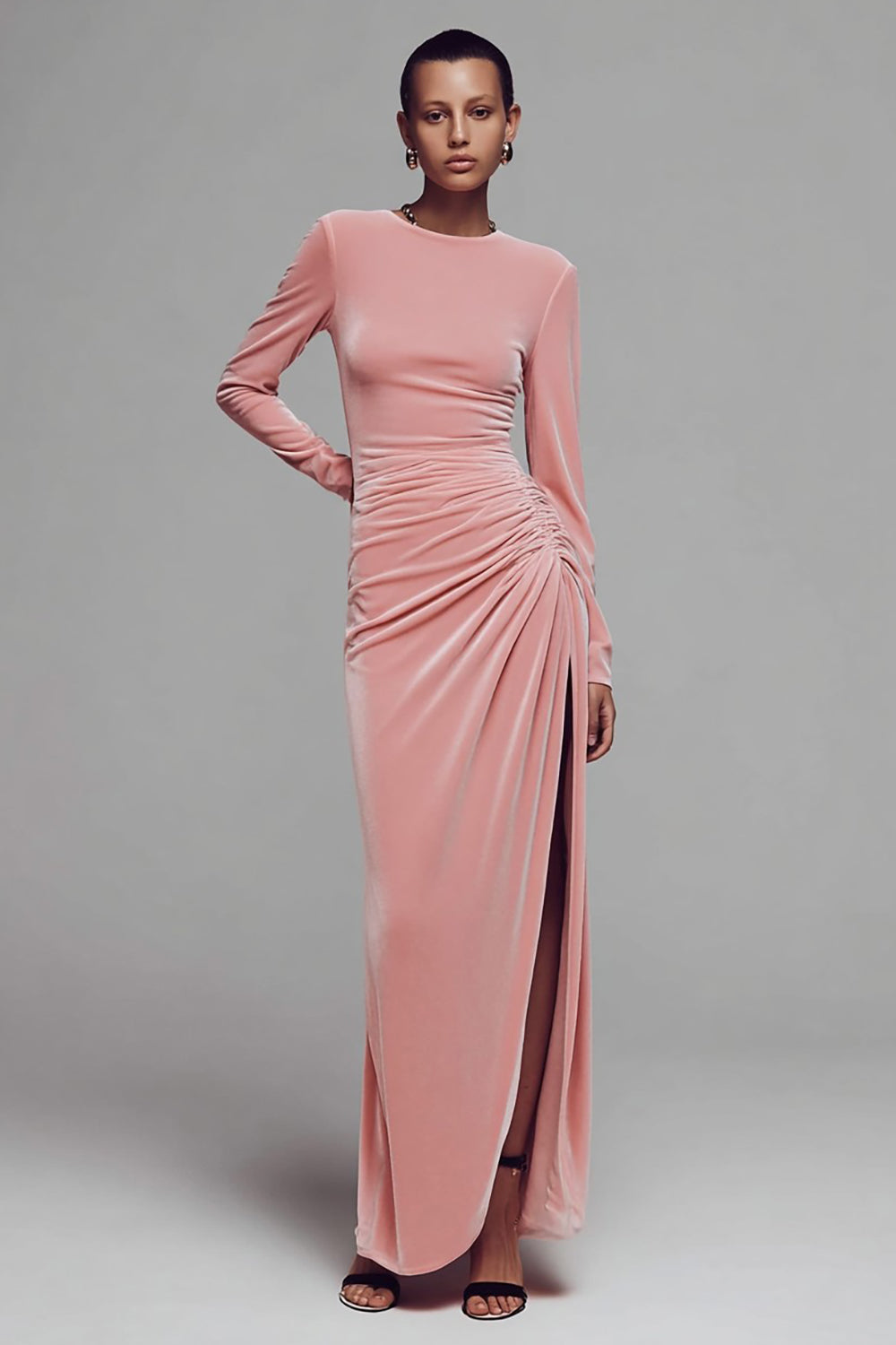 Coffee Sheath Velvet Ruched Formal Dress With Slit