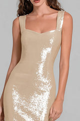 Sparkly Champagne Sheath Formal Dress With Slit