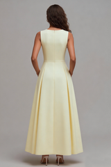 Light Yellow A-Line Boat Neck Wedding Guest Dress With Pockets