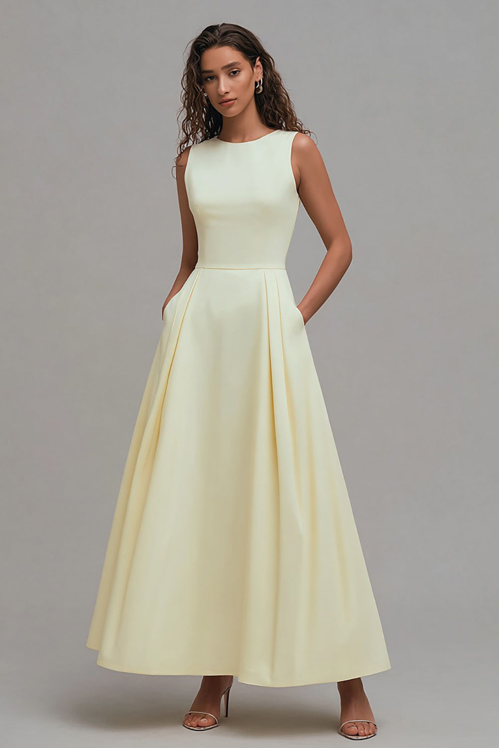 Light Yellow A-Line Boat Neck Wedding Guest Dress With Pockets