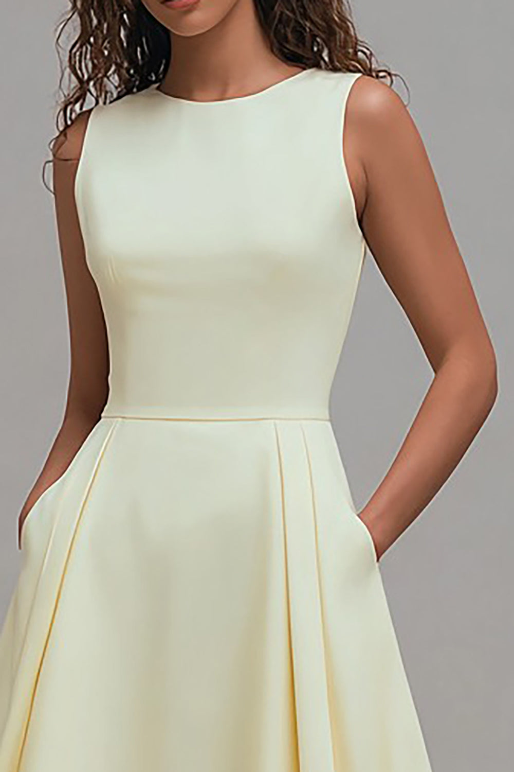 Light Yellow A-Line Boat Neck Wedding Guest Dress With Pockets
