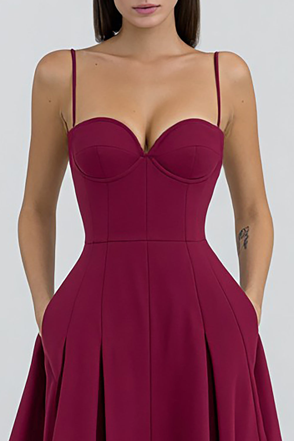 Burgundy A-Line Spaghetti Straps Formal Dress With Pockets