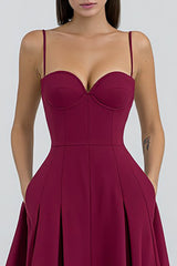 Burgundy A-Line Spaghetti Straps Formal Dress With Pockets