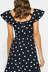 Black White Dot A-Line Wedding Guest Dress With Flutter Sleeves