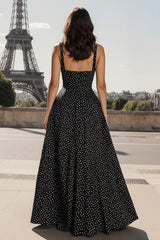 A-Line Black White Dot Square Neck Maxi Dress
