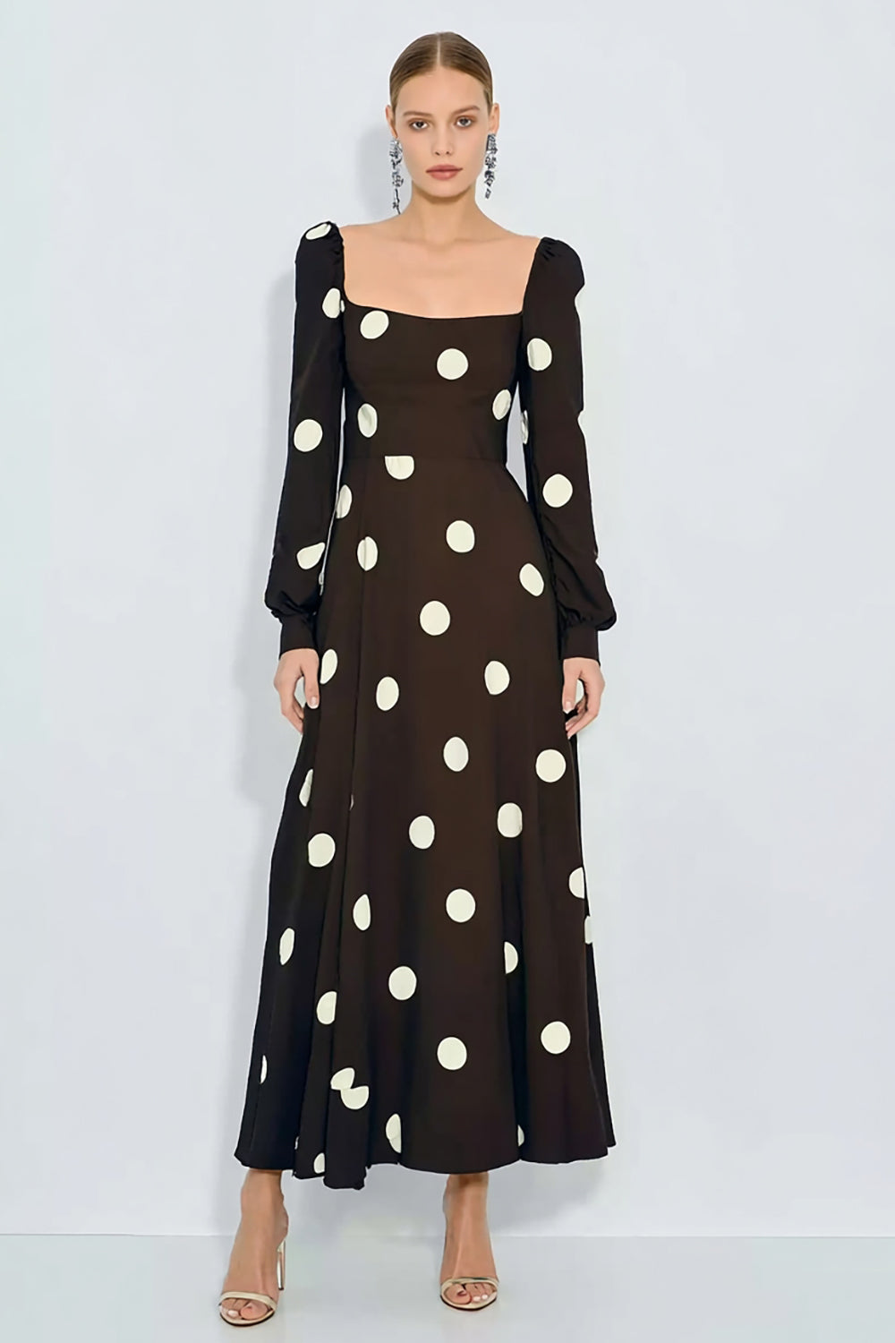 Brown A-Line Long Sleeve Polka Dot Dress