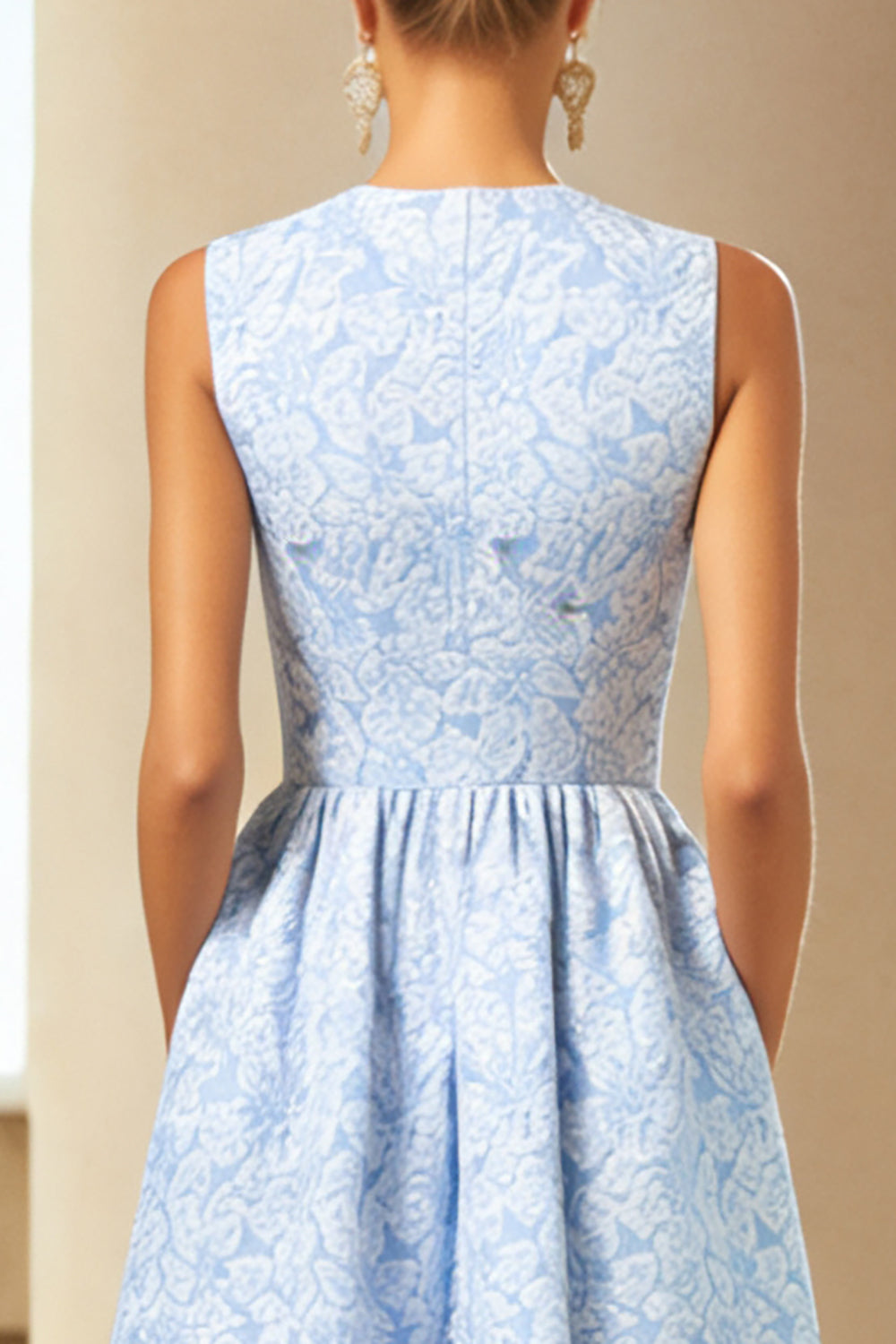 Blue Jacquard A-Line Wedding Guest Dress With Pockets