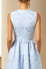 Blue Jacquard A-Line Wedding Guest Dress With Pockets
