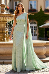 One Shoulder Sheath Sage Maxi Floral Dress With Cape