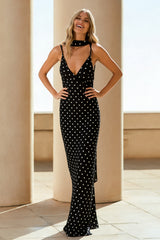 Black White Polka Dot Sheath Spaghetti Straps Wedding Guest Dress
