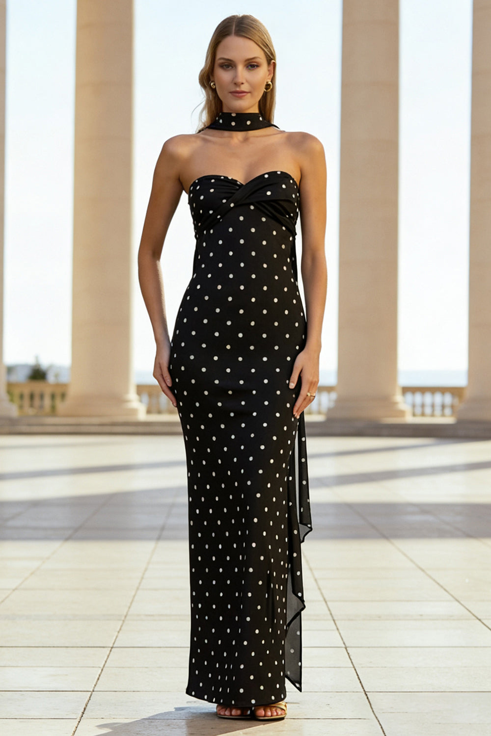 Strapless Sheath Maxi Black White Polka Dot Dress With Streamer