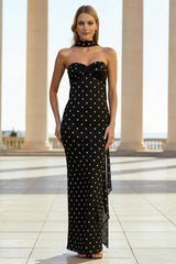 Strapless Sheath Maxi Black White Polka Dot Dress With Streamer