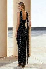 Strapless Sheath Maxi Black White Polka Dot Dress With Streamer