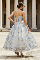 Dusty Blue Strapless A-Line Jacquard Floral Dress