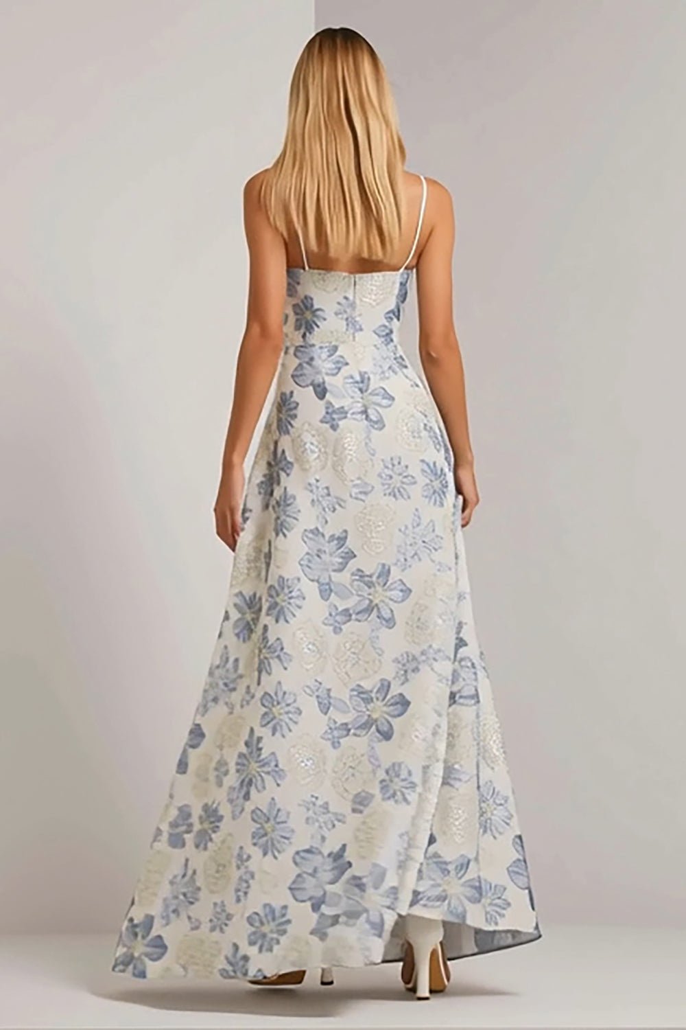 Dusty Blue Floral A-Line Spaghetti Straps Wedding Guest Dress