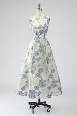Dusty Blue A-Line Floral Wedding Guest Dress With Pockets